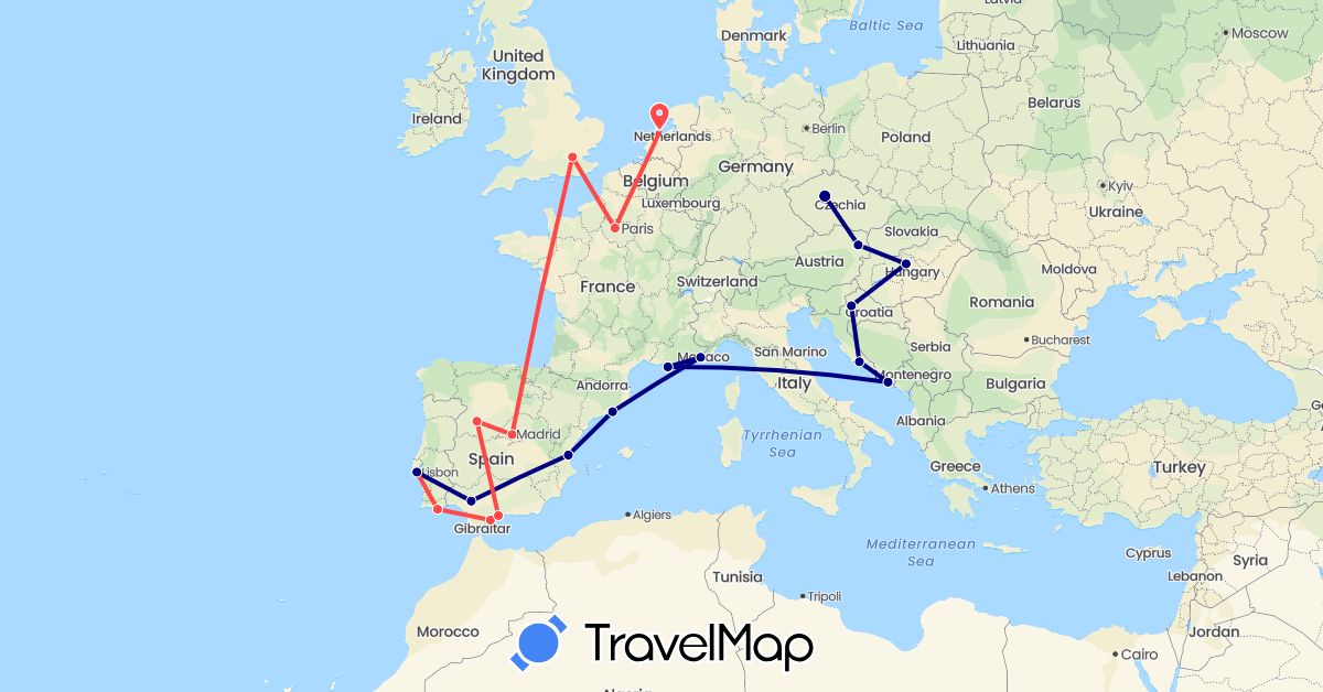 TravelMap itinerary: driving, hiking in Austria, Czech Republic, Spain, France, United Kingdom, Croatia, Hungary, Netherlands, Portugal (Europe)